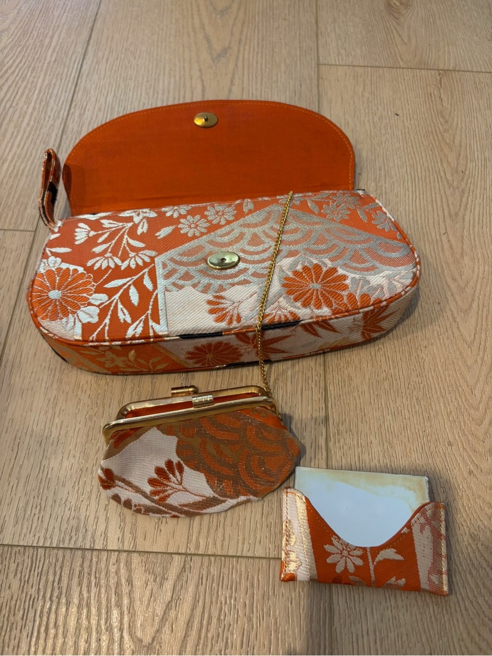 Vintage Orange Floral Clutch with Coin Purse and Card Sleeve/ Mirror